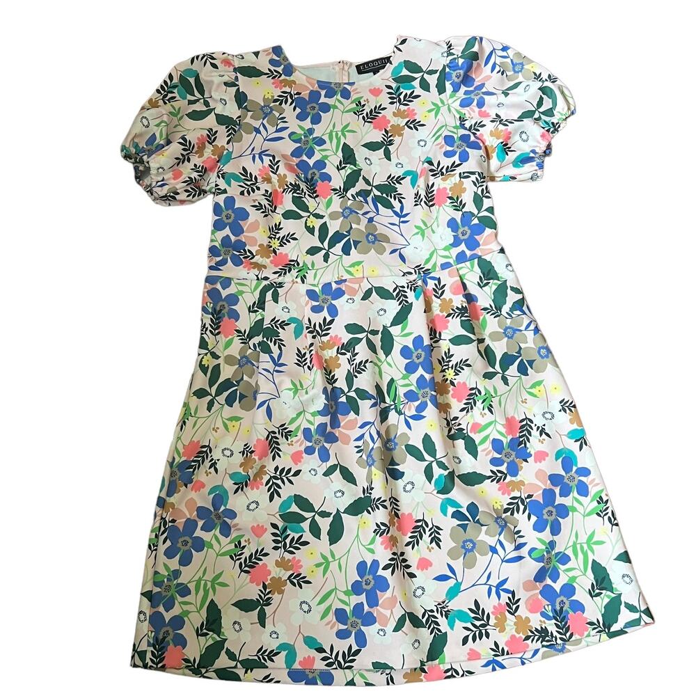 Eloquii Floral Scuba Puff Sleeve Fit Flare Dress Pink Size 16 NWT - Picture 15 of 16